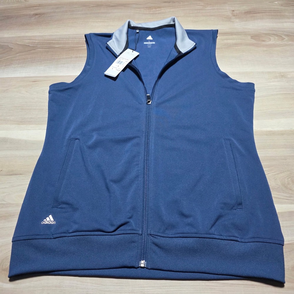 Adidas WClub Vest Women Large Blue Full Zip Golf Mock Neck CX0877 Sleeveless NEW